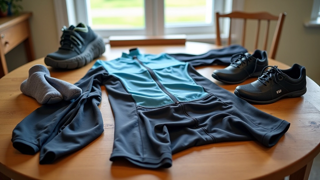 Casual cycling gear laid out on a wooden table including padded shorts, moisture-wicking jersey, and comfortable cycling shoes