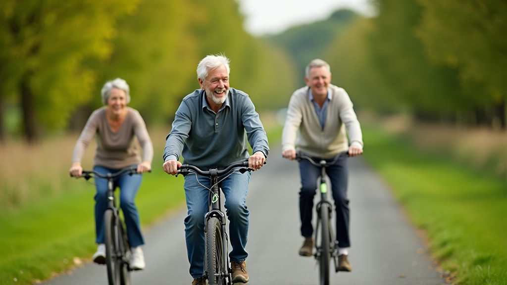 Happy senior cyclists enjoying a canal ride together