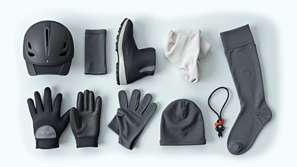 Overhead view of cycling accessories including padded gloves, cycling shoes, merino wool socks, and a cycling cap arranged on a light background