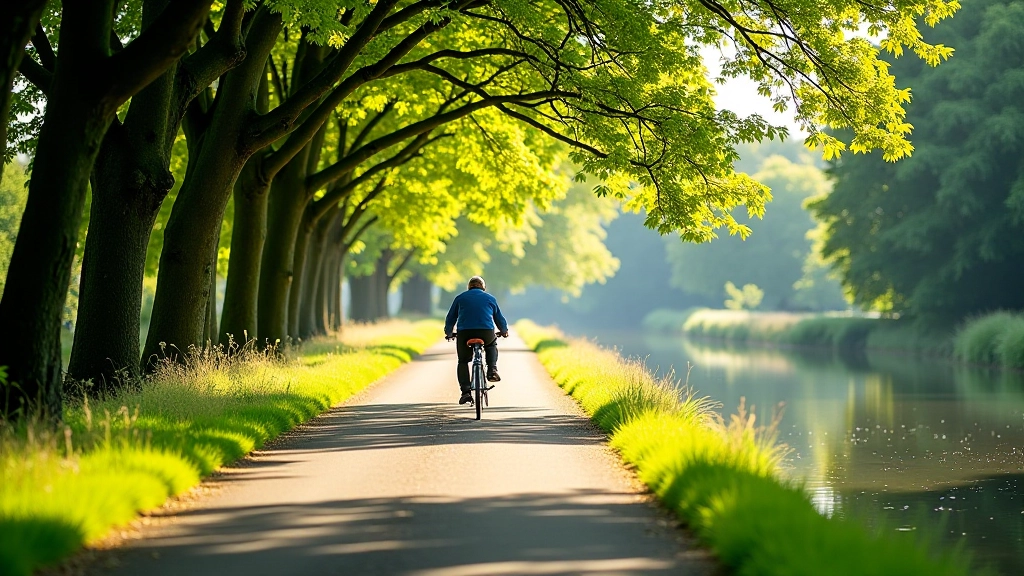 Afternoon light on canal towpath with mature trees lining the path, peaceful cycling route stretching into distance