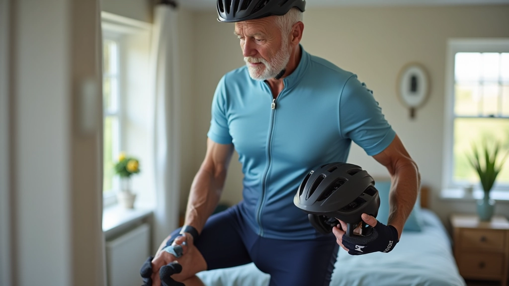 Senior cyclist preparing cycling outfit with helmet, padded shorts, and breathable clothing on a bed