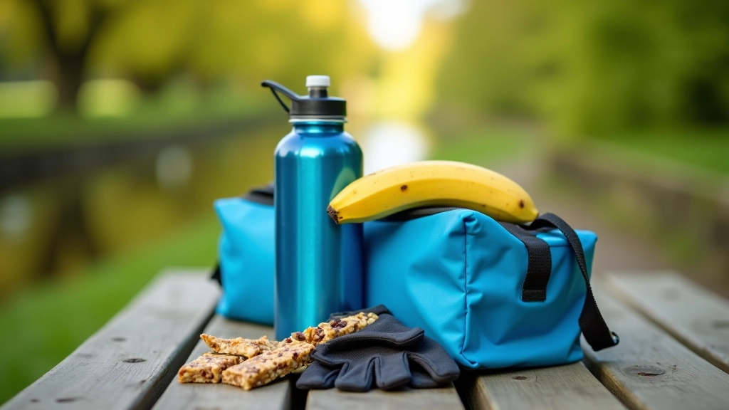 Reusable water bottle and energy snacks arranged on outdoor picnic table beside canal