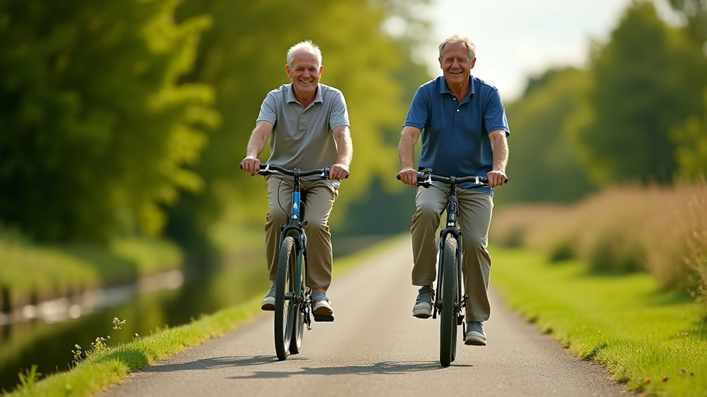 Senior cyclists riding on a flat canal path
