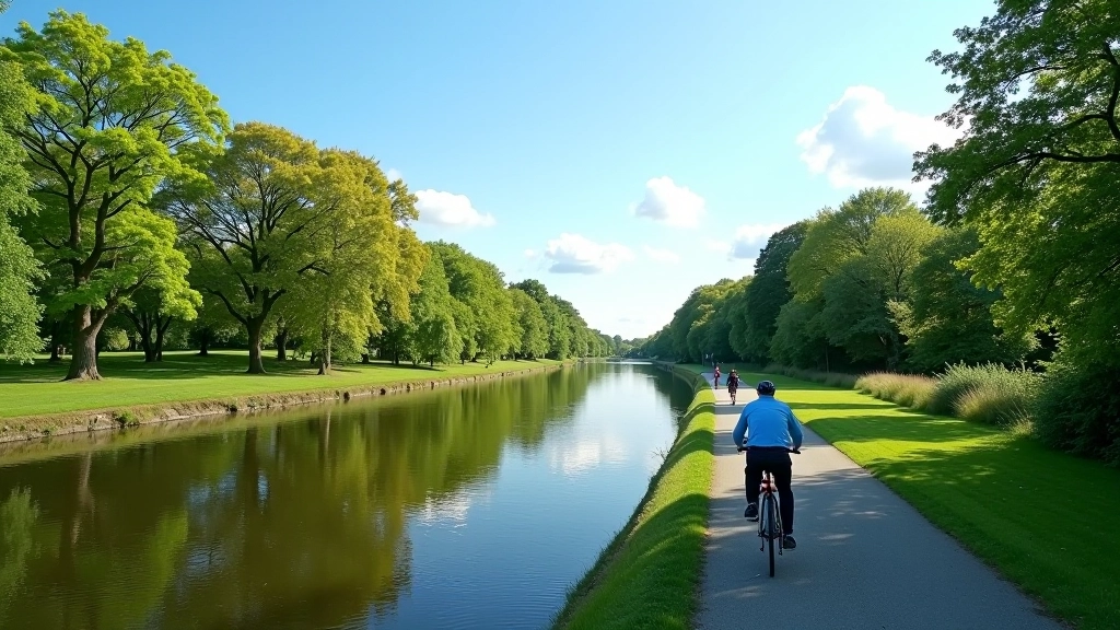 Scenic view of the Royal Canal Greenway cycling path with flat terrain, tree-lined route, and peaceful water views ideal for senior cyclists